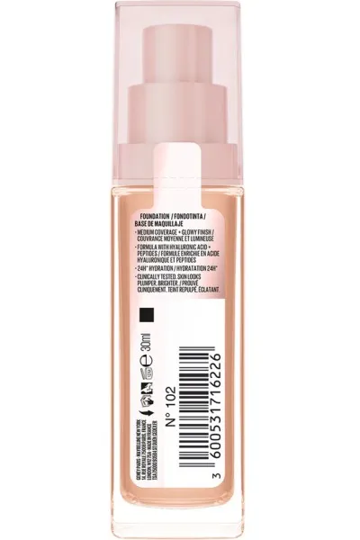  تصویر 9 : کرم پودر روشن‌کننده و آبرسان لیفتر پلامپ اند گلو 102 Beige بژ Lifter Plump and Glow Illuminating Foundation 102 میبلین نیویورک Maybelline New York 