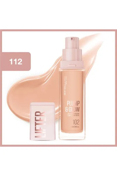  تصویر 2 : کرم پودر Lifter Plump & Glow شماره 112  Beige (بژ) درخشان Lifter Plump and Glow Illuminating Foundation 112 میبلین نیویورک Maybelline New York 