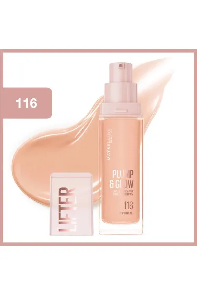  تصویر 2 : کرم پودر لیفتر پلامپ اند گلو 116 Beige بژ روشن با جلوه درخشان Lifter Plump and Glow Illuminating Foundation 116 میبلین نیویورک Maybelline New York 