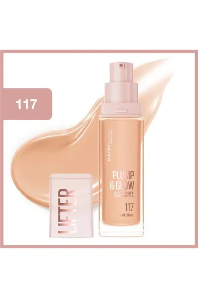  تصویر 2 : کرم پودر Lifter Plump & Glow شماره 117 Beige بژ روشن با جلوه درخشان Lifter Plump and Glow Illuminating Foundation 117 میبلین نیویورک Maybelline New York 
