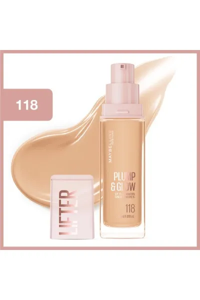  تصویر 1 : کرم پودر لیفتر پلامپ اند گلو 118 Beige بژ با جلوه درخشان طبیعی Lifter Plump and Glow Illuminating Foundation 118 میبلین نیویورک Maybelline New York 