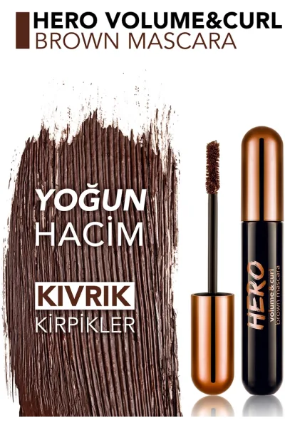 تصویر 4 : ریمل حجم‌دهنده و فرکننده مژه قهوه‌ای برای مژه‌هایی پرتر و خوش‌فرم Hero Volume Curl Brown Mascara فلورمار Flormar 