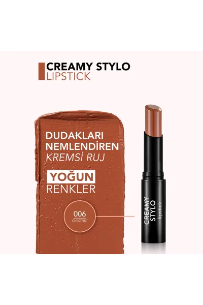  تصویر 2 : رژ لب استیکی مرطوب‌کننده رنگ Chestnut قهوه‌ای بافت کرمی نرم Creamy Stylo Moisturizing Lipstick 6 Chestnut فلورمار Flormar 