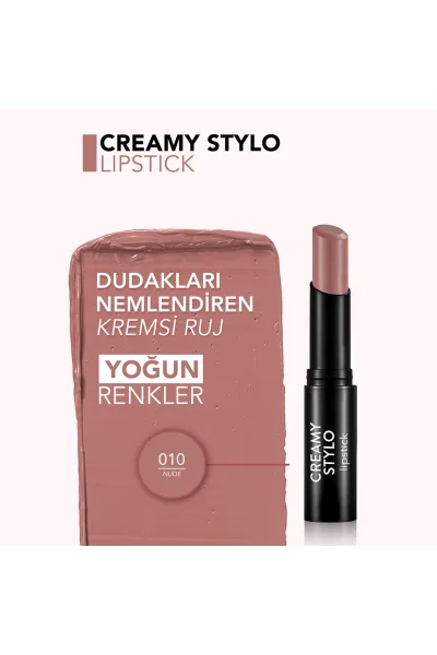  تصویر 2 : رژ لب استیکی مرطوب‌کننده Nude رنگ نود قهوه‌ای روشن با بافت کرمی Creamy Stylo Moisturizing Lipstick 10 Nude فلورمار Flormar 