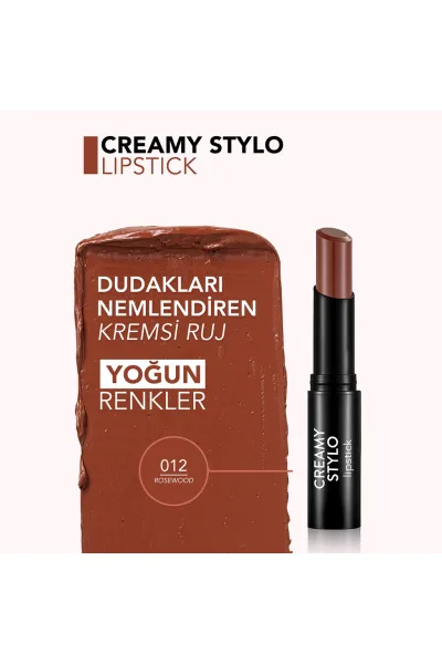  تصویر 2 : رژ لب استیکی مرطوب‌کننده Rosewood رنگ گلبهی گلی با بافت کرمی Creamy Stylo Moisturizing Lipstick 12 Rosewood فلورمار Flormar 