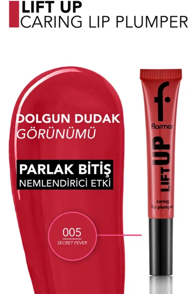  تصویر 2 : لیپ گلاس حجم‌دهنده لب با اثر هیالورونیک اسید رنگ Secret Fever قرمز Lift Up Hyaluronic Acid Plumping Lip Gloss 5 Secret Fever فلورمار Flormar 