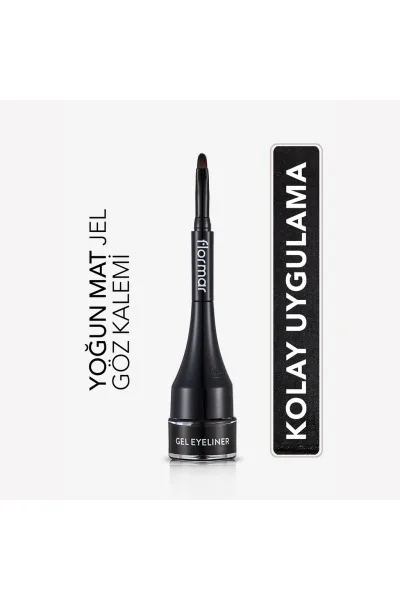  تصویر 1 : خط چشم ژلی مشکی مات با پیگمنت بالا و براش داخلی کاربردی Highly Pigmented Matte Finish Built in Brush Gel Eyeliner 1 فلورمار Flormar 