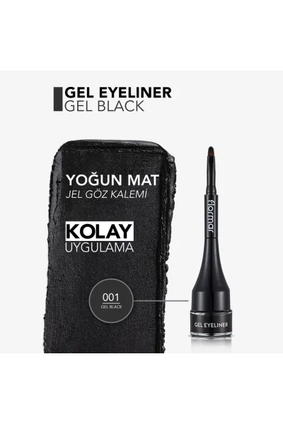  تصویر 2 : خط چشم ژلی مشکی مات با پیگمنت بالا و براش داخلی کاربردی Highly Pigmented Matte Finish Built in Brush Gel Eyeliner 1 فلورمار Flormar 