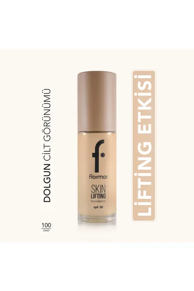  تصویر 1 : کرم پودر لیفتینگ Sand رنگ شنی با پوشش یکدست و جلوه لیفت‌شده Lifting Foundation 100 Sand فلورمار Flormar 