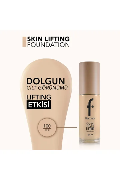  تصویر 2 : کرم پودر لیفتینگ Sand رنگ شنی با پوشش یکدست و جلوه لیفت‌شده Lifting Foundation 100 Sand فلورمار Flormar 