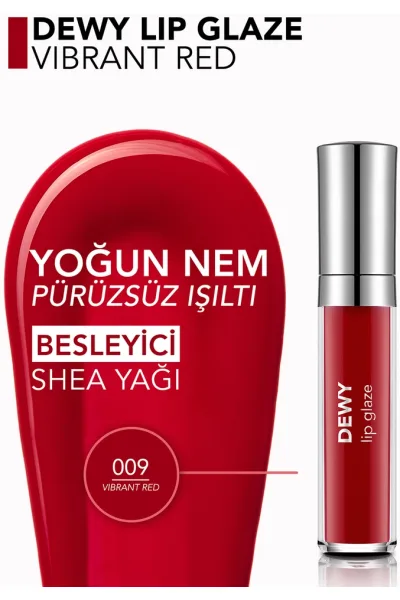 تصویر 2 : برق لب گلیز رنگ Vibrant Red قرمز با جلوه‌ای براق و درخشان Dewy Lip Glaze Lip Gloss 9 Vibrant Red فلورمار Flormar 