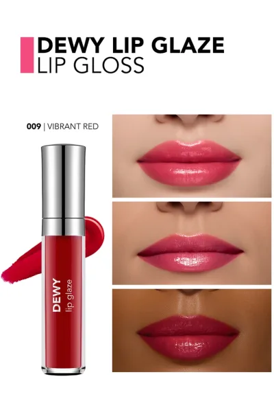  تصویر 1 : برق لب گلیز رنگ Vibrant Red قرمز با جلوه‌ای براق و درخشان Dewy Lip Glaze Lip Gloss 9 Vibrant Red فلورمار Flormar 