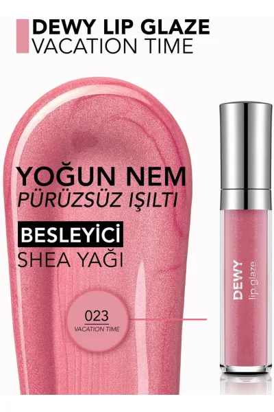  تصویر 2 : برق لب دِوی ۰۲۳ Vacation Time با رنگ صورتی درخشان و جلوه براق Dewy Lip Glaze Lip Gloss 23 Vacation Time فلورمار Flormar 