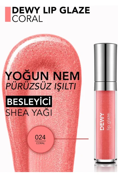  تصویر 1 : برق لب لیپ گلیز رنگ Coral مرجانی با جلوه‌ای شفاف و درخشان Dewy Lip Glaze Lip Gloss 24 Coral فلورمار Flormar 