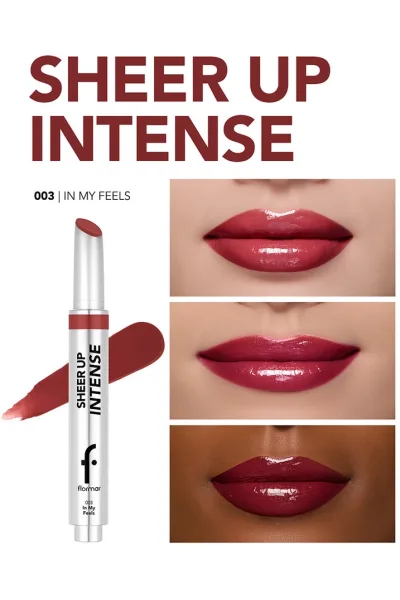  تصویر 2 : رژ لب ژله‌ای براق In My Feels قرمز با بافت کرمی و جلوه درخشان Sheer Up Intense Cream Texture Shiny Finish Jelly Lipstick 3 In My Feels فلورمار Flormar 
