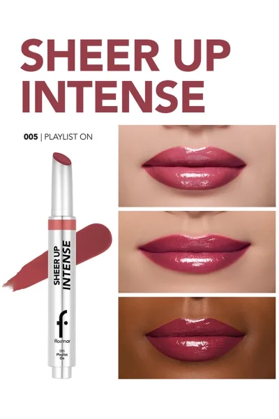  تصویر 3 : رژ لب ژلی براق با بافت کرمی رنگ قرمز Playlist On برای لب Sheer Up Intense Cream Texture Shiny Finish Jelly Lipstick 5 Playlist On فلورمار Flormar 