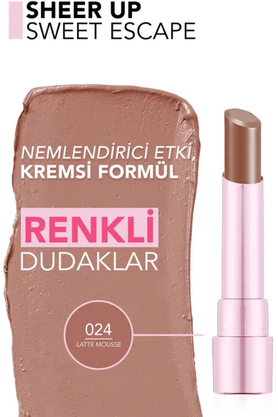  تصویر 1 : رژ لب براق Latte Mousse رنگ قهوه‌ای روشن با جلوه درخشان Sheer Up Sweet Escape Shiny Finish Lipstick 24 Latte Mousse فلورمار Flormar 