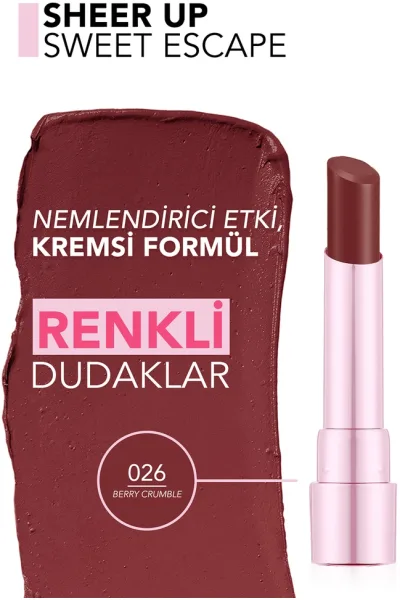  تصویر 1 : رژ لب براق Berry Crumble رنگ شرابی با جلوه درخشان برای آرایش لب Sheer Up Sweet Escape Shiny Finish Lipstick 26 Berry Crumble فلورمار Flormar 