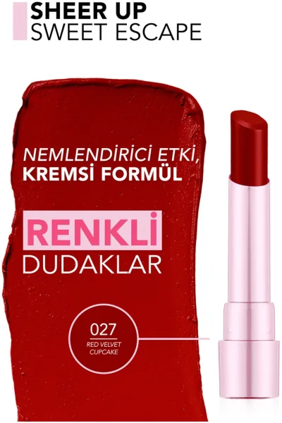  تصویر 1 : رژ لب براق Red Velvet Cupcake؛ قرمز جذاب با جلوه درخشان Sheer Up Sweet Escape Shiny Finish Lipstick 27 Red Velvet Cupcake فلورمار Flormar 