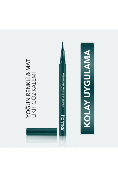  تصویر 1 : خط چشم مات Green (سبز) با جلوه‌ای دقیق و ماندگار برای آرایش چشم Midnight Matte Eyeliner 4 Green فلورمار Flormar 