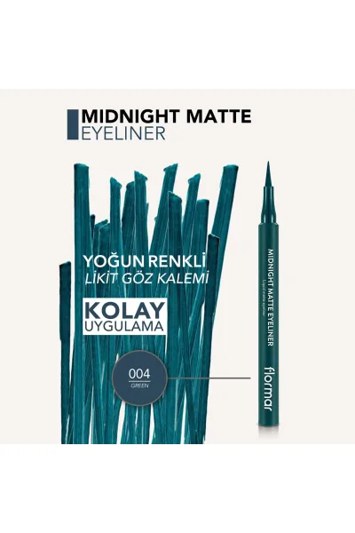  تصویر 4 : خط چشم مات Green (سبز) با جلوه‌ای دقیق و ماندگار برای آرایش چشم Midnight Matte Eyeliner 4 Green فلورمار Flormar 