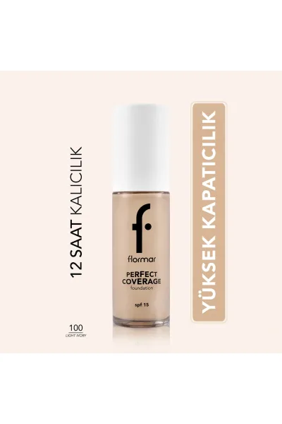  تصویر 1 : کرم پودر با پوشانندگی بالا و ماندگار SPF15 رنگ Light Ivory عاجی روشن Perfect Coverage Highly Pigmented Long Lasting SPF15 Foundation 100 Light Ivory فلورمار Flormar 