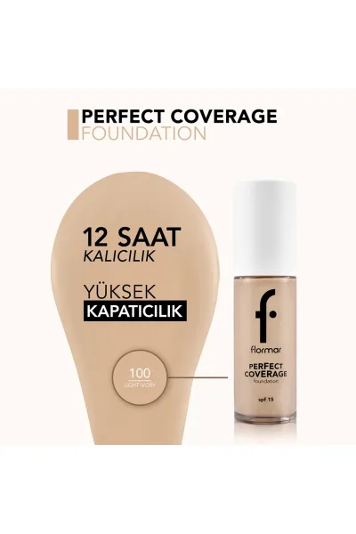  تصویر 2 : کرم پودر با پوشانندگی بالا و ماندگار SPF15 رنگ Light Ivory عاجی روشن Perfect Coverage Highly Pigmented Long Lasting SPF15 Foundation 100 Light Ivory فلورمار Flormar 