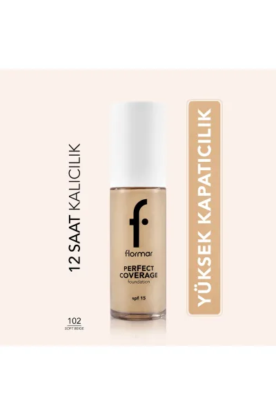  تصویر 1 : کرم‌پودر پوشاننده با ماندگاری بالا و SPF15 رنگ Soft Beige بژ روشن Perfect Coverage Highly Pigmented Long Lasting SPF15 Foundation 102 Soft Beige فلورمار Flormar 