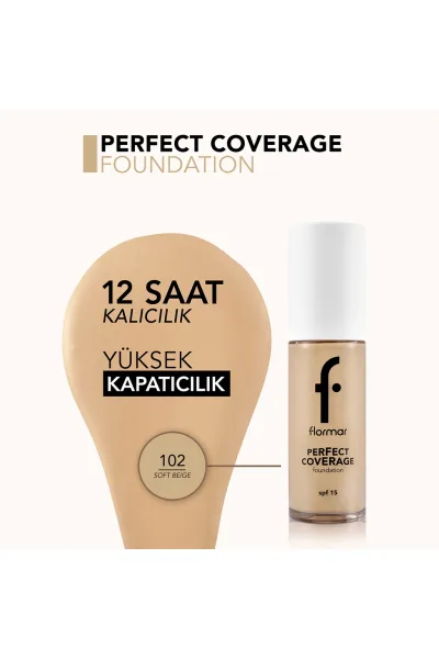  تصویر 4 : کرم‌پودر پوشاننده با ماندگاری بالا و SPF15 رنگ Soft Beige بژ روشن Perfect Coverage Highly Pigmented Long Lasting SPF15 Foundation 102 Soft Beige فلورمار Flormar 