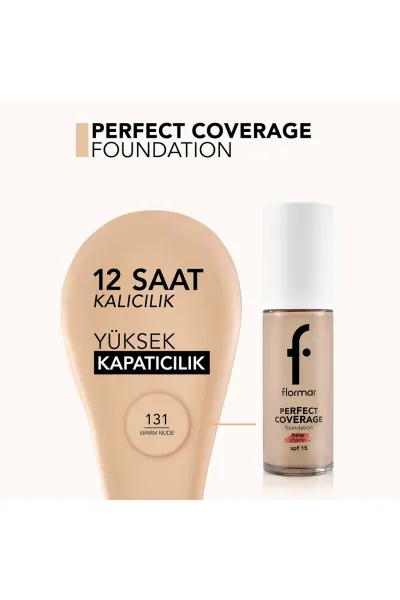  تصویر 4 : کرم پودر با پوشش کامل و ماندگاری بالا SPF15 رنگ Warm Nude نود گرم Perfect Coverage Highly Pigmented Long Lasting SPF15 Foundation 131 Warm Nude فلورمار Flormar 