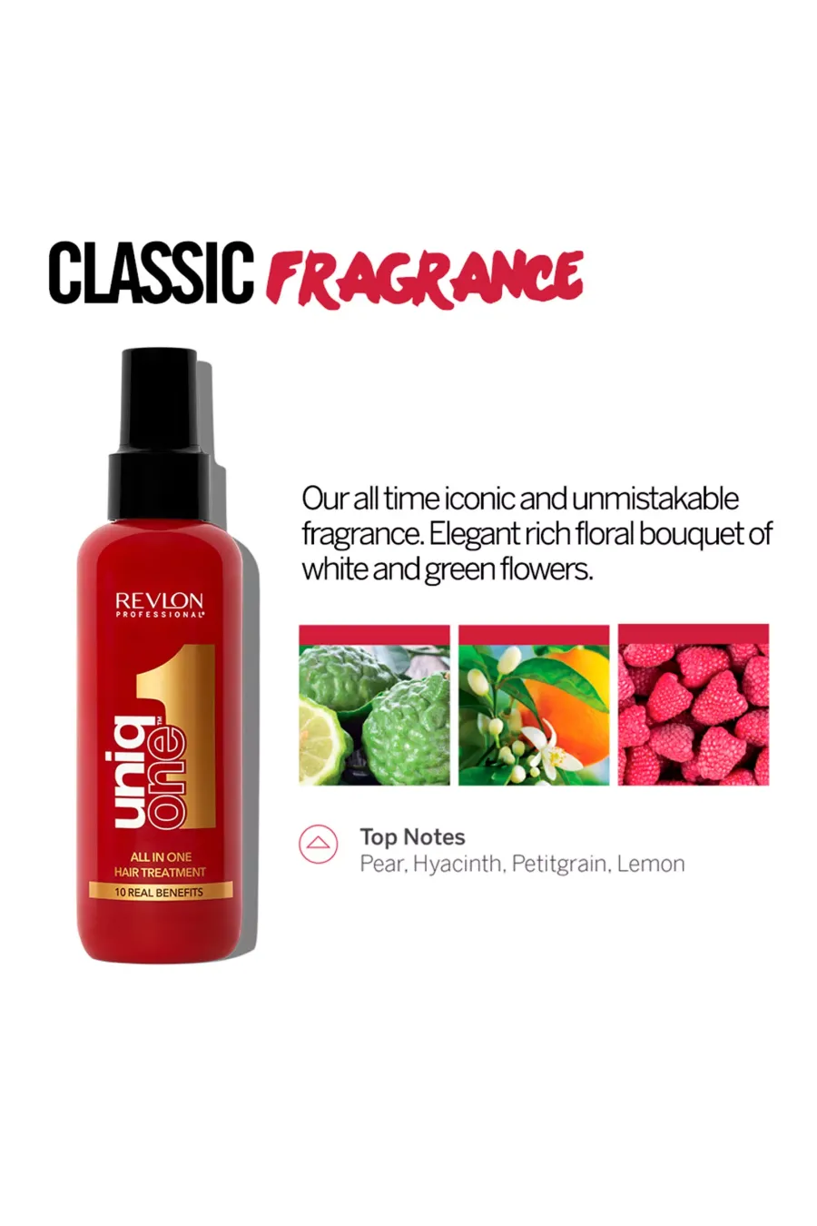 فرمول هوشمند اسپری ۱۰ کاره مو UniqOne رولون Revlon با رایحه کلاسیک و نت‌های میوه‌ای