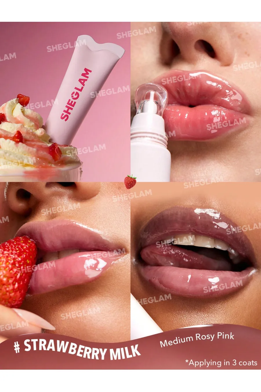 لیپ گلاس میوه ای آبرسان Strawberry Milk شیگلم Sheglam مناسب لبهای خشک و کمآب با رنگ صورتی متوسط لیپ گلاس میوه ای آبرسان Strawberry Milk شیگلم Sheglam مناسب لبهای خشک و کمآب با رنگ صورتی متوسط