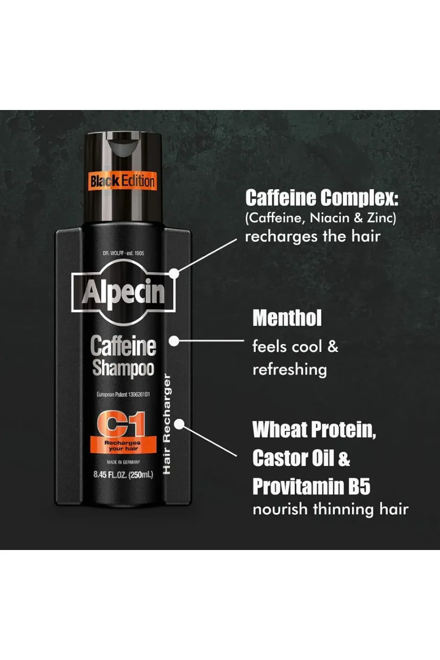 ترکیبات مؤثر شامپو ضد ریزش دارک کافئین C1 آلپسین Alpecin شامل کافئین و منتول