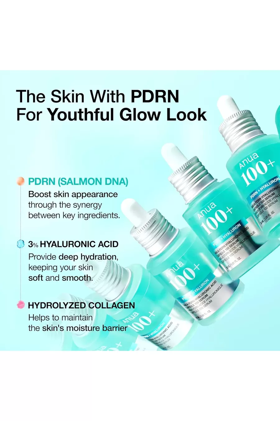ویژگی سرم PDRN هیالورونیک اسید +100 آنوا Anua با PDRN، هیالورونیک اسید و کلاژن هیدرولیزشده
