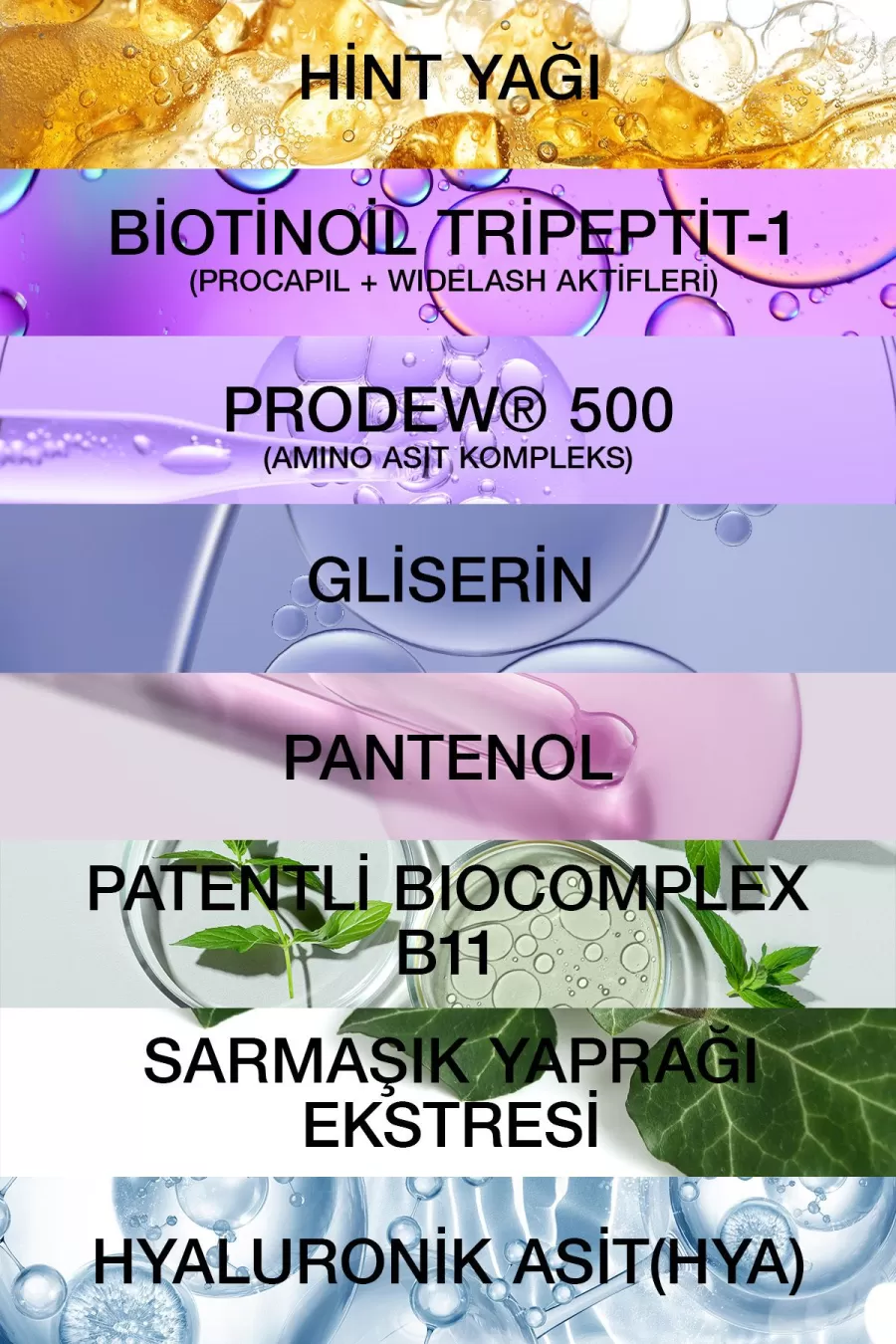 ترکیبات مؤثر سرم تقویت مژه و ابرو بیوکسین BIOXCIN شامل روغن‌ها، پپتیدها و هیالورونیک اسید